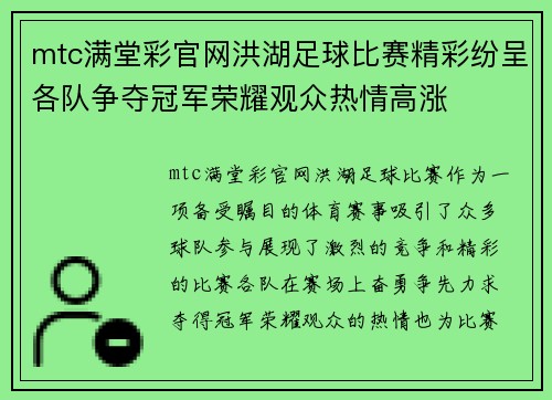 mtc满堂彩官网洪湖足球比赛精彩纷呈各队争夺冠军荣耀观众热情高涨